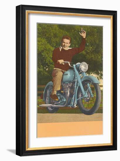 Man on Motorcycle, Waving-null-Framed Art Print