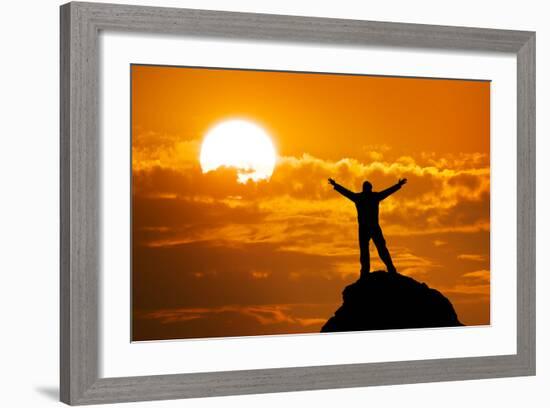 Man On Peak Of Mountain. Conceptual Design-Kashak-Framed Art Print