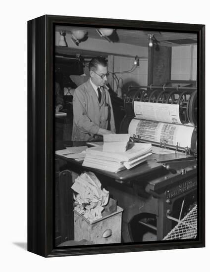 Man Operating Printing Press on Queen Elizabeth-Ed Clark-Framed Premier Image Canvas