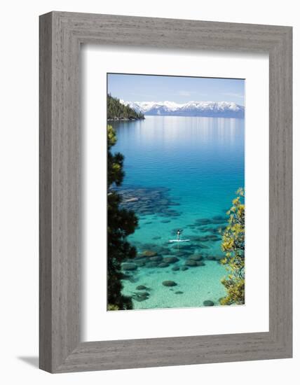 Man paddle boarding in a lake, Lake Tahoe, California, USA-Panoramic Images-Framed Photographic Print