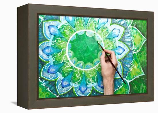 Man Painting Bright Green Picture With Circle Pattern, Mandala Of Anahata Chakra-shooarts-Framed Stretched Canvas