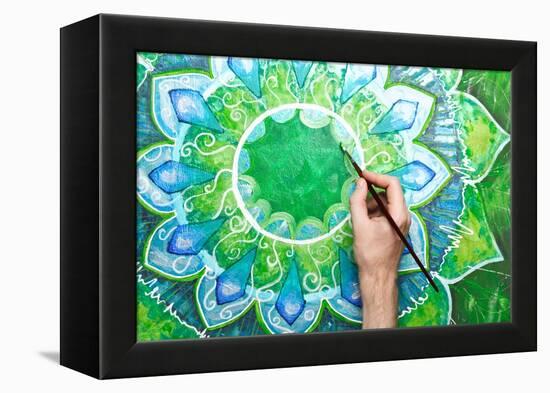 Man Painting Bright Green Picture With Circle Pattern, Mandala Of Anahata Chakra-shooarts-Framed Stretched Canvas