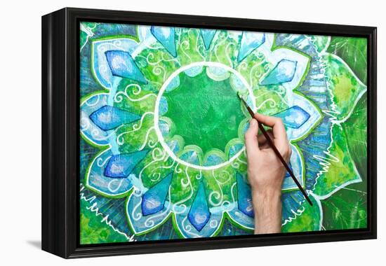 Man Painting Bright Green Picture With Circle Pattern, Mandala Of Anahata Chakra-shooarts-Framed Stretched Canvas