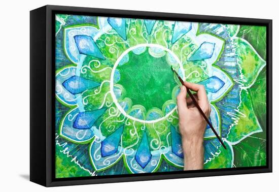 Man Painting Bright Green Picture With Circle Pattern, Mandala Of Anahata Chakra-shooarts-Framed Stretched Canvas