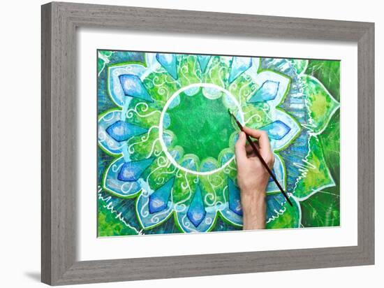 Man Painting Bright Green Picture With Circle Pattern, Mandala Of Anahata Chakra-shooarts-Framed Art Print