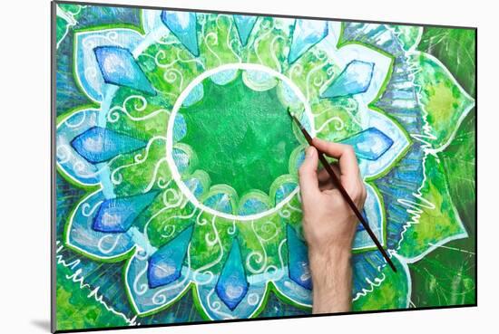 Man Painting Bright Green Picture With Circle Pattern, Mandala Of Anahata Chakra-shooarts-Mounted Art Print