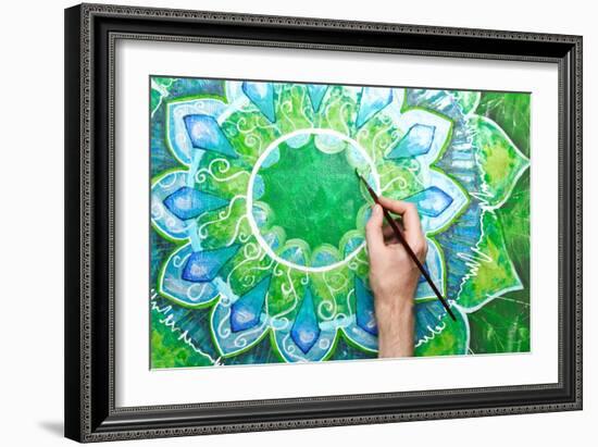 Man Painting Bright Green Picture With Circle Pattern, Mandala Of Anahata Chakra-shooarts-Framed Art Print