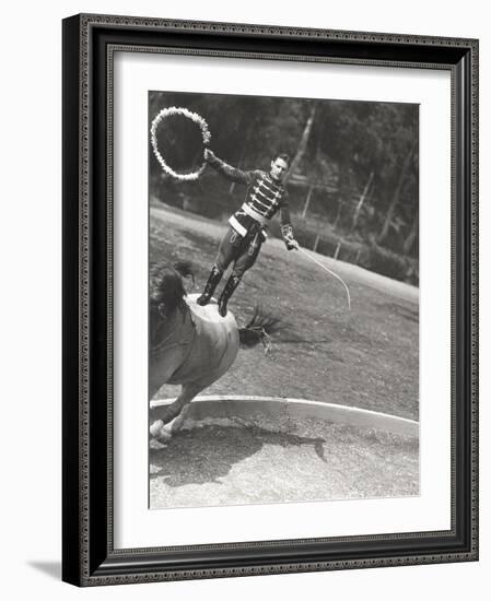 Man Performing Stunt While Standing on Horse-null-Framed Photo