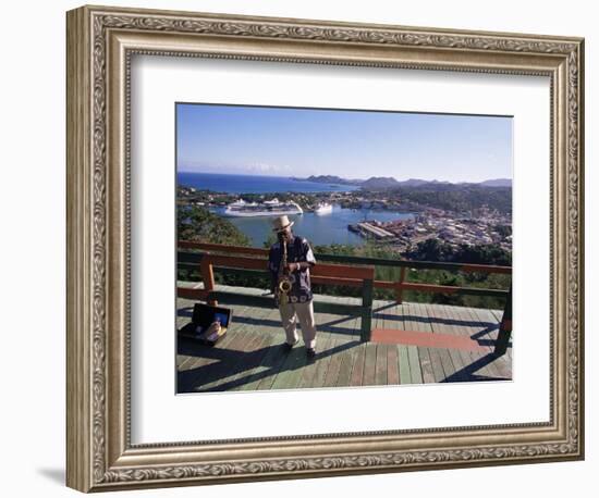 Man Playing a Saxophone at Morne Fortune, with a View Over Castries, St. Lucia, West Indies-Yadid Levy-Framed Photographic Print