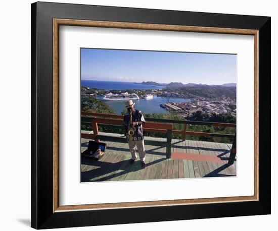 Man Playing a Saxophone at Morne Fortune, with a View Over Castries, St. Lucia, West Indies-Yadid Levy-Framed Photographic Print