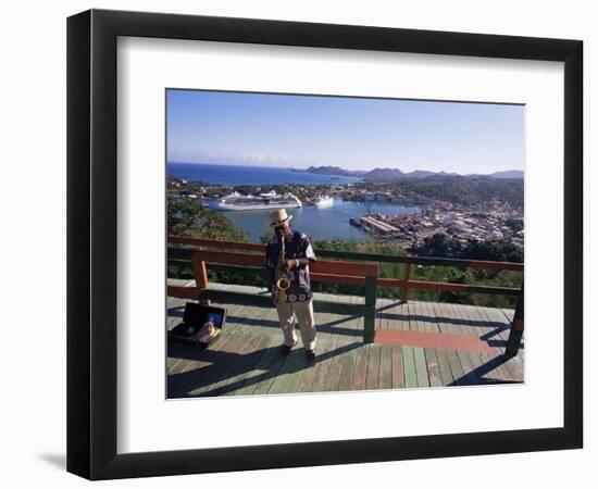 Man Playing a Saxophone at Morne Fortune, with a View Over Castries, St. Lucia, West Indies-Yadid Levy-Framed Photographic Print