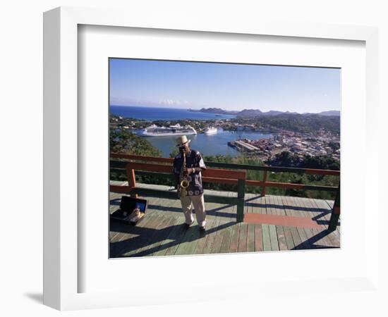 Man Playing a Saxophone at Morne Fortune, with a View Over Castries, St. Lucia, West Indies-Yadid Levy-Framed Photographic Print