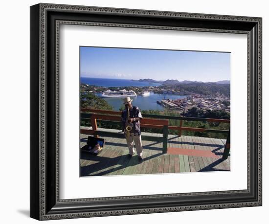 Man Playing a Saxophone at Morne Fortune, with a View Over Castries, St. Lucia, West Indies-Yadid Levy-Framed Photographic Print