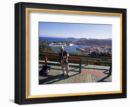 Man Playing a Saxophone at Morne Fortune, with a View Over Castries, St. Lucia, West Indies-Yadid Levy-Framed Photographic Print