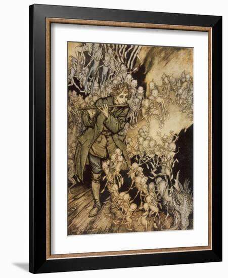 Man Playing Flute to Gnomes-Arthur Rackham-Framed Art Print