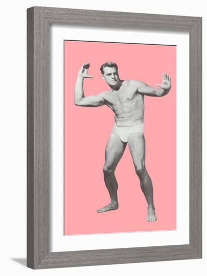 Man Pretending to Pass Football, Pink Background-null-Framed Art Print