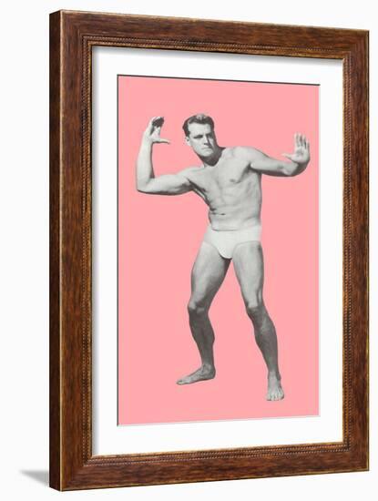 Man Pretending to Pass Football, Pink Background-null-Framed Art Print