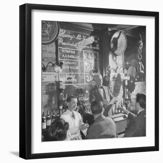 Man Reading About Election Straw Votes at Harry's New York Bar-Yale Joel-Framed Photographic Print