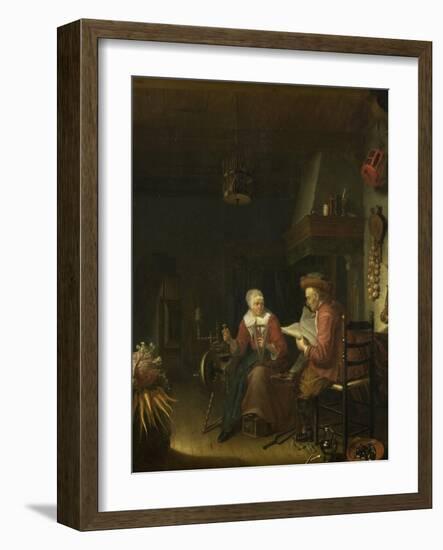 Man Reading and a Woman Spinning Yarn-Domenicus van Tol-Framed Art Print