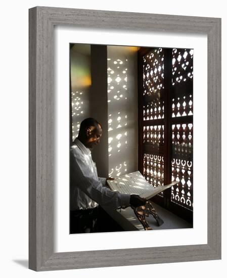 Man Reading the Koran in a Doha Mosque, Doha, Qatar, Middle East-Godong-Framed Photographic Print