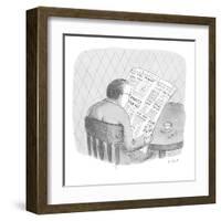 Man reads the obituaries in newspaper; headlines for each death refer, rel? - New Yorker Cartoon-Roz Chast-Framed Premium Giclee Print
