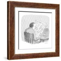 Man reads the obituaries in newspaper; headlines for each death refer, rel? - New Yorker Cartoon-Roz Chast-Framed Premium Giclee Print