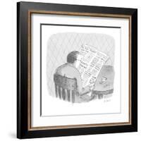 Man reads the obituaries in newspaper; headlines for each death refer, rel? - New Yorker Cartoon-Roz Chast-Framed Premium Giclee Print