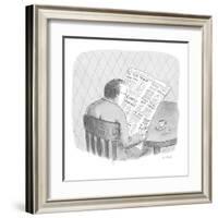 Man reads the obituaries in newspaper; headlines for each death refer, rel? - New Yorker Cartoon-Roz Chast-Framed Premium Giclee Print