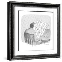 Man reads the obituaries in newspaper; headlines for each death refer, rel? - New Yorker Cartoon-Roz Chast-Framed Premium Giclee Print