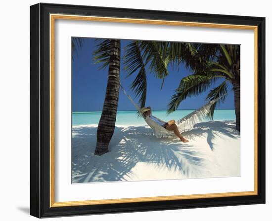 Man Relaxing on a Beachside Hammock, Maldives, Indian Ocean-Papadopoulos Sakis-Framed Photographic Print