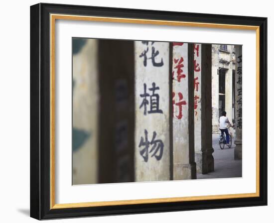 Man Riding Bicycle Along Street, Chikanzhen, Guangdong, Guangdong, China-Ian Trower-Framed Photographic Print