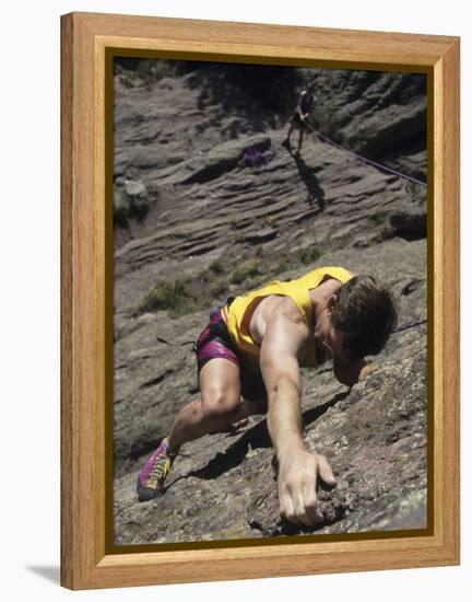 Man Rock Climbing While Tethered to Another Climber Below-null-Framed Premier Image Canvas