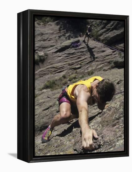 Man Rock Climbing While Tethered to Another Climber Below-null-Framed Premier Image Canvas