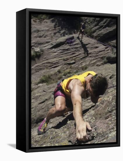 Man Rock Climbing While Tethered to Another Climber Below-null-Framed Premier Image Canvas