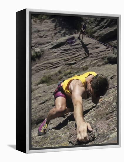 Man Rock Climbing While Tethered to Another Climber Below-null-Framed Premier Image Canvas