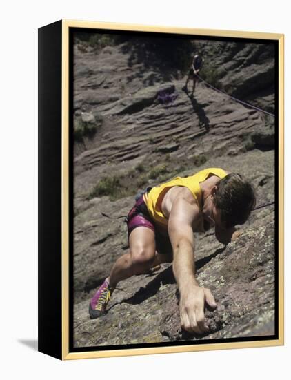 Man Rock Climbing While Tethered to Another Climber Below-null-Framed Premier Image Canvas