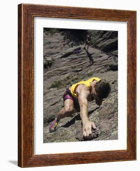 Man Rock Climbing While Tethered to Another Climber Below-null-Framed Photographic Print