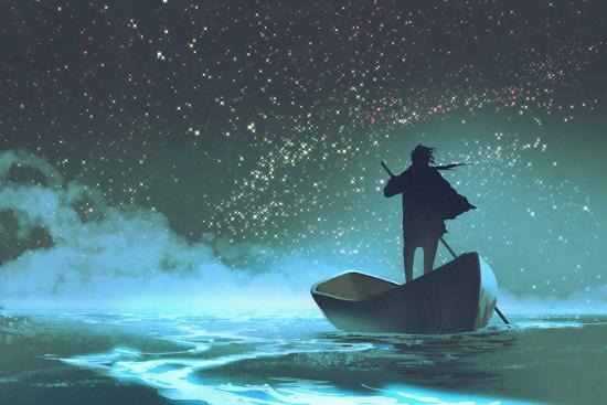 Man Rowing A Boat In The Sea Under Beautiful Sky With Stars