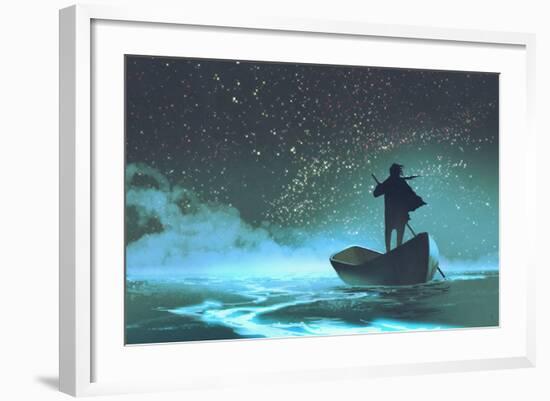 Man Rowing a Boat in the Sea under Beautiful Sky with Stars,Illustration Painting-Tithi Luadthong-Framed Art Print