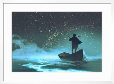 Man Rowing A Boat In The Sea Under Beautiful Sky With Stars Illustration Painting Art Print Tithi Luadthong Art Com Man Rowing A Boat In The Sea Under Beautiful Sky With Stars Illustration Painting Art Print Tithi Luadthong Art Com