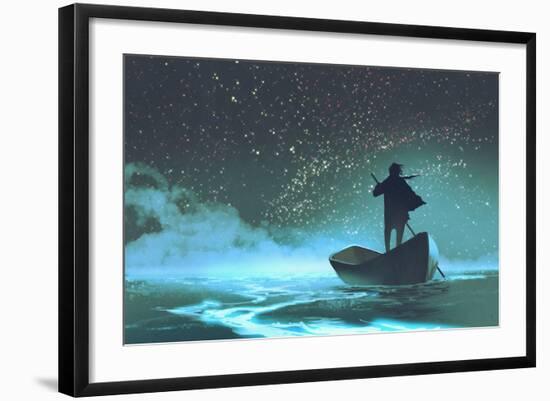 Man Rowing a Boat in the Sea under Beautiful Sky with Stars,Illustration Painting-Tithi Luadthong-Framed Art Print