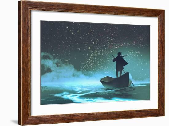 Man Rowing a Boat in the Sea under Beautiful Sky with Stars,Illustration Painting-Tithi Luadthong-Framed Art Print