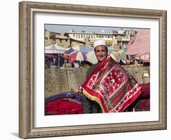 Man Selling Rugs on Banks of Kabul River, Central Kabul, Afghanistan-Jane Sweeney-Framed Photographic Print