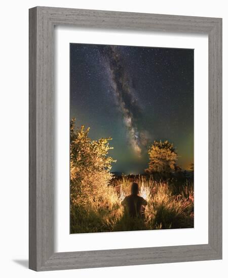 Man Sitting Near the Campfire in the Forest under the Stars and Milky Way, Sudak, Crimea-Stocktrek Images-Framed Photographic Print