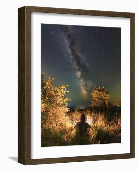 Man Sitting Near the Campfire in the Forest under the Stars and Milky Way, Sudak, Crimea-Stocktrek Images-Framed Photographic Print