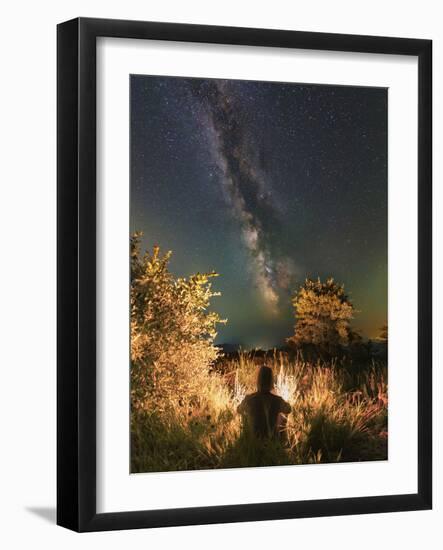 Man Sitting Near the Campfire in the Forest under the Stars and Milky Way, Sudak, Crimea-Stocktrek Images-Framed Photographic Print