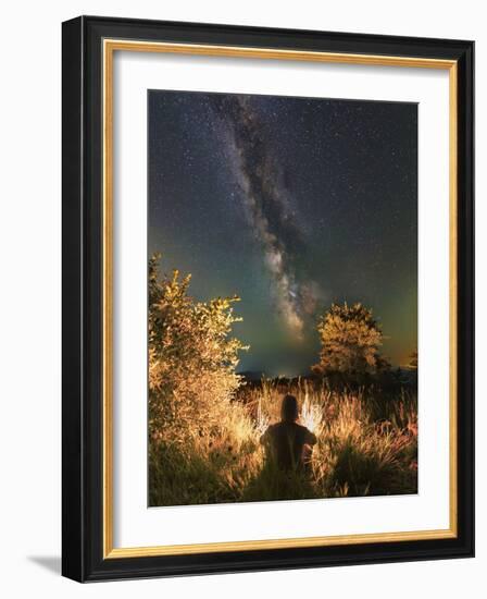 Man Sitting Near the Campfire in the Forest under the Stars and Milky Way, Sudak, Crimea-Stocktrek Images-Framed Photographic Print