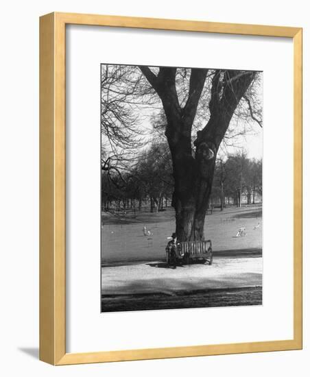 Man Sitting on a Bench and Reading a Newspaper in the Park-Cornell Capa-Framed Photographic Print