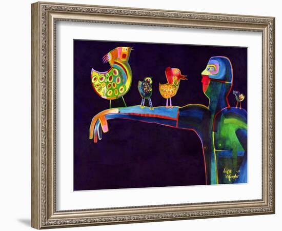 Man Speaking with Birds-Susse Volander-Framed Art Print