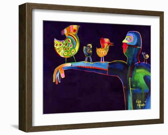 Man Speaking with Birds-Susse Volander-Framed Art Print